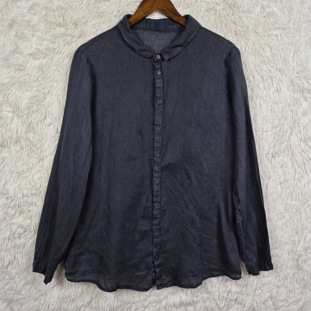 CP Shades Navy Blue 100% Linen Peter Pan Collar Button Down Shirt Made in USA S